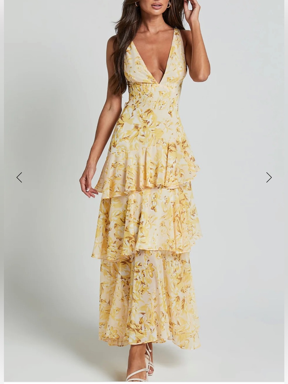 Showpo Beryl Midi Dress Tiered V-Neck Sleveless Dress in Yelliw Floral Size M